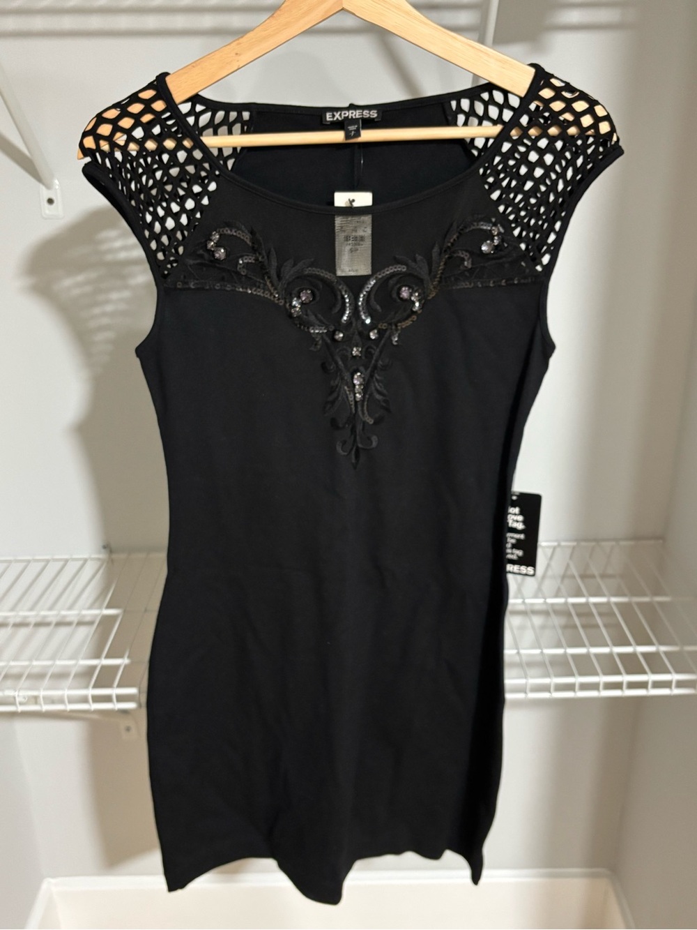 Express Black Embellished Crochet-Shoulder Mini Dress